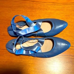 Taryn Rose blue leather slip ons-ballet style with rubber sole.